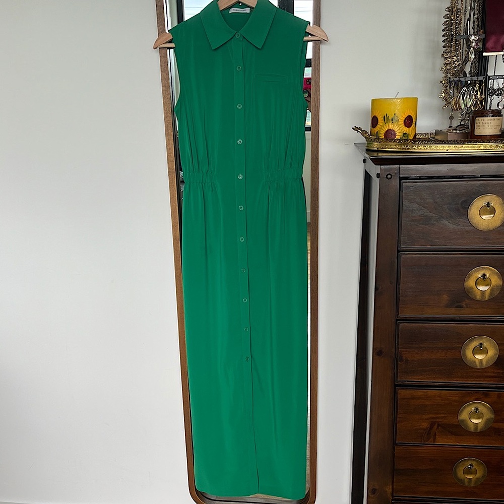 Calvin Klein Maxi Green Sleeveless Shirtdress with Buttons Down the Front